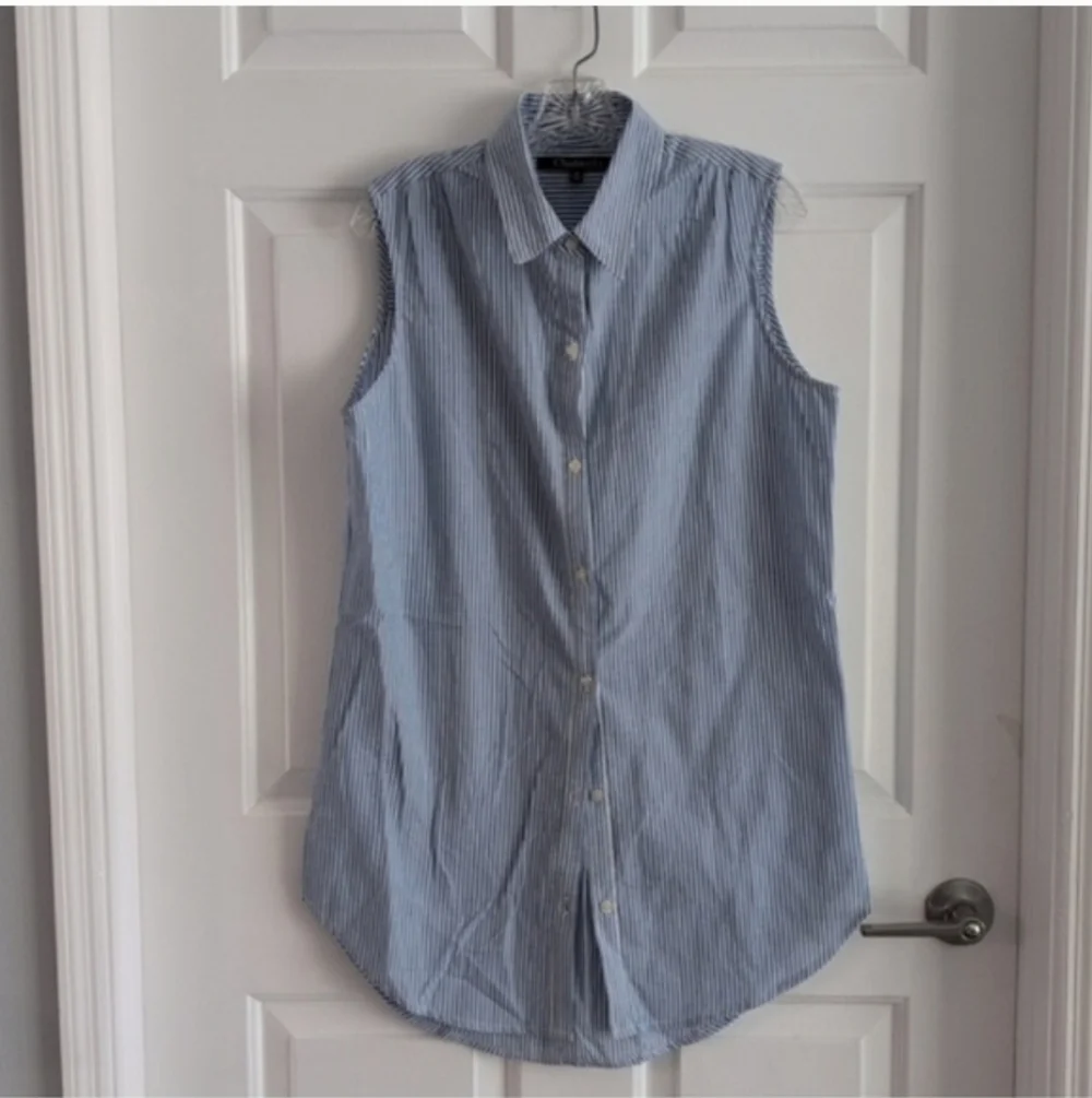 Blue striped sleeveless button-up casual Collared Shirt swim coverup 100%Cotton - Picture 5 of 8